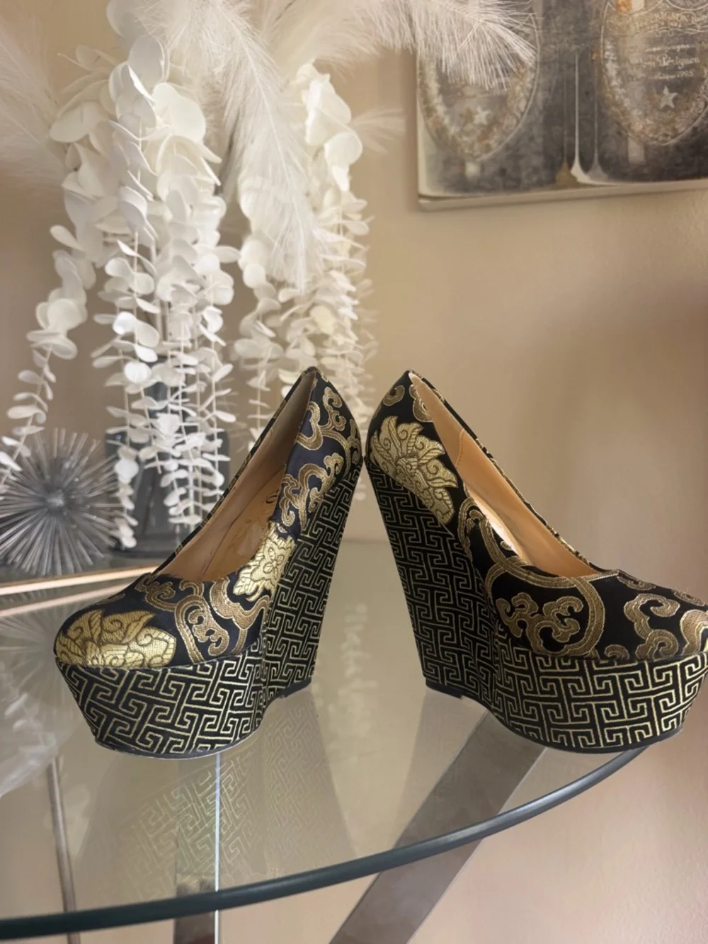 Vintage Black and Gold Brocade Wedge Pump